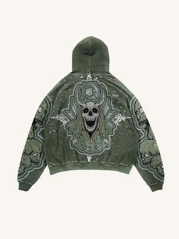 Skull print green hooded sweatshirt trendy brand street hot selling retro men's and women's pullover fashion loose sports hoodie