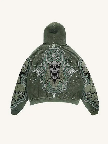 Skull print green hooded sweatshirt trendy brand street hot selling retro men's and women's pullover fashion loose sports hoodie
