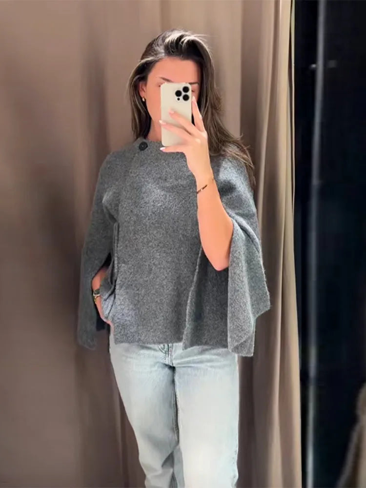 Elegant Woolen Knitted Cape Jacket For Women Long Sleeve Loose Casual Shawl Shawl Coat 2025 New Lady Autumn Winter Solid Outwear