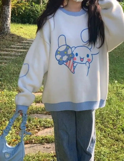 Anime Cinnamoroll Women Sweater Sanrio My Melody Kawaii Autumn Winter Preppy Student Girl Sweater Round Neck Tops Loose Sweet
