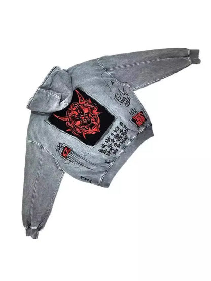 American street retro Y2K unisex demon 3D printed fabric heavy-duty loose fitting hooded sweatshirt jacket