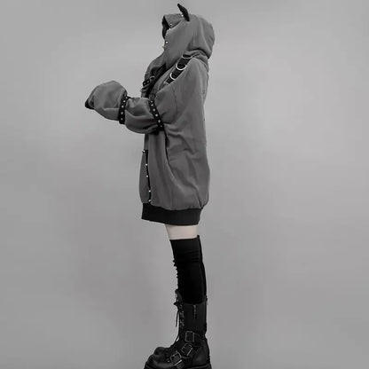 Streetwear Harajuku Hoodies Jackets Women's Clothing Hooded Punk Zipper Coat Japanese Rivet Print Fashion Casual Y2k Sweatshirts