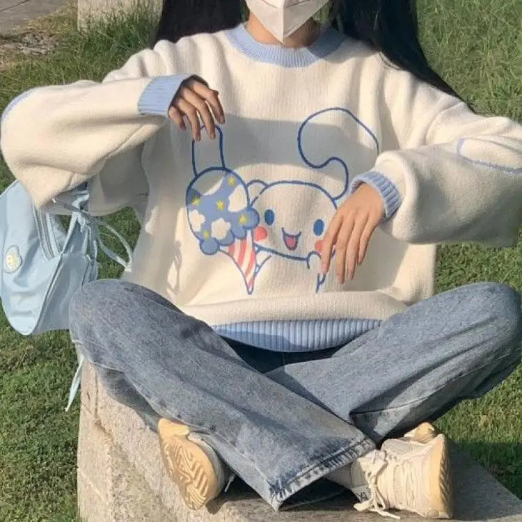 Anime Cinnamoroll Women Sweater Sanrio My Melody Kawaii Autumn Winter Preppy Student Girl Sweater Round Neck Tops Loose Sweet