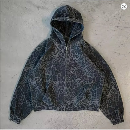 2025 Autumn/Winter European and American Warm Harajuku New Leopard Pattern Dark Design Fashion Zipper Hoodie