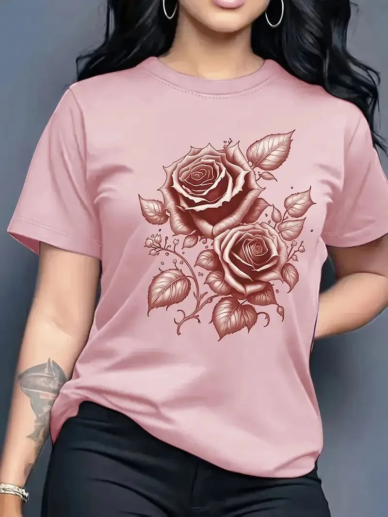 Women's Hot Selling Casual Round Neck Top, 3D Rose Pattern Short Sleeved T-shirt Elegant, Fast Breathable Outdoor Sports Shirt