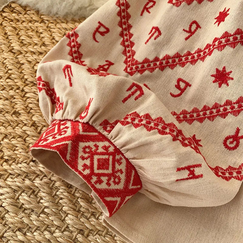 New Women's Bohemia Blouse Embroidered Autumn Spring O-neck Collar Bow Tie Lantern Sleeve Top Blusas Mujer Female Tops BL021