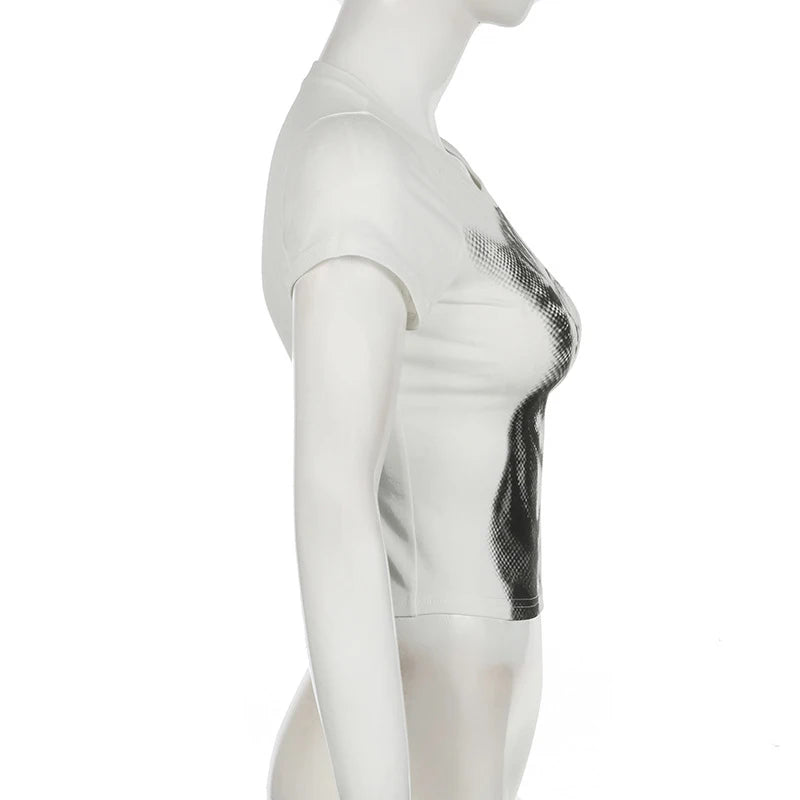 wild cat print low pixel round neck short sleeved T-shirt retro versatile slimming short top