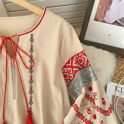 New Women's Bohemia Blouse Embroidered Autumn Spring O-neck Collar Bow Tie Lantern Sleeve Top Blusas Mujer Female Tops BL021