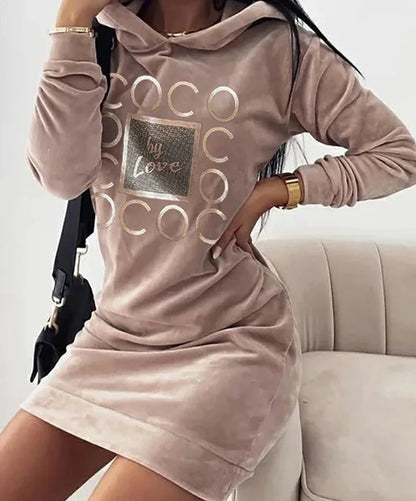 Women Long Sweater Dresses LOVE Print Hooded Loose High Collar Sweatshirts Long Sleeve Pullover Fall Winter Y2K Street Style Top