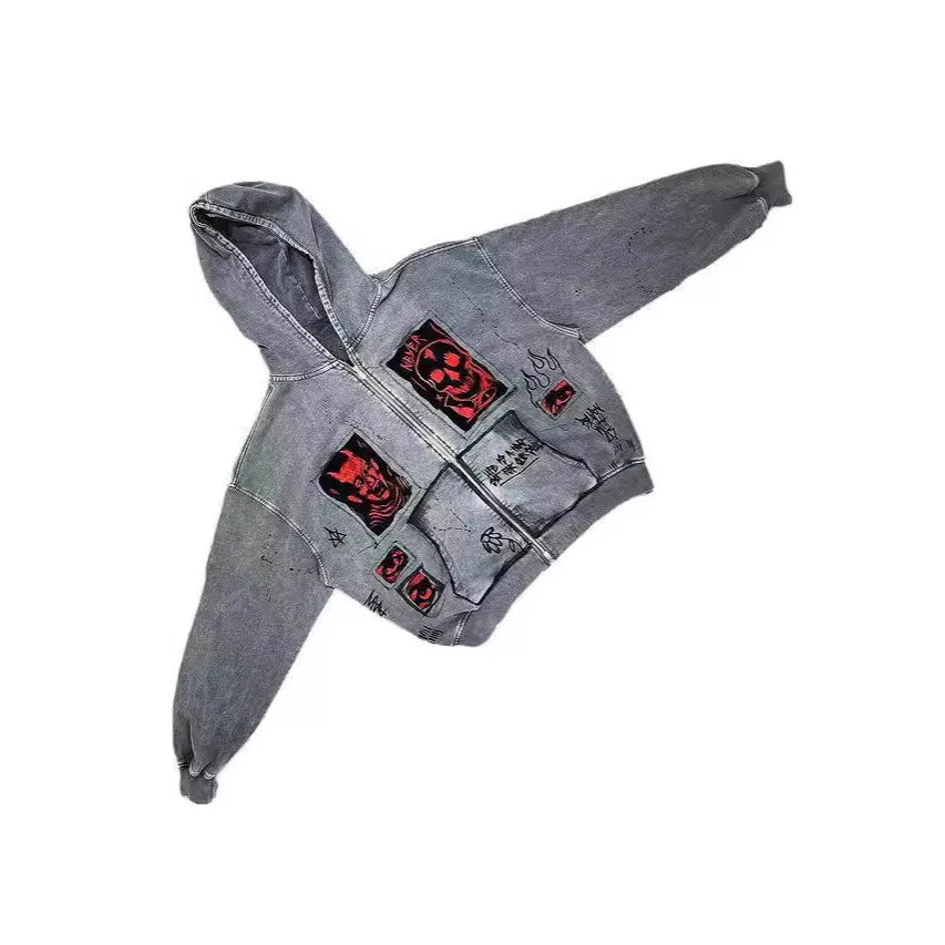 American street retro Y2K unisex demon 3D printed fabric heavy-duty loose fitting hooded sweatshirt jacket