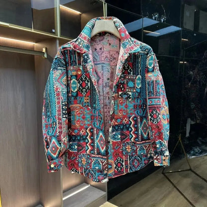 Famous Style Jacquard Casual Lapel Shirt Jacket for Men's Autumn New Versatile Loose Dovetail Warm Cotton Jacket