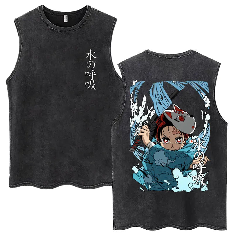 Japan Anime Demon Slayer Washed Tank Tops Hashibira Inosuke The Boar Face Manga T Shirt Men Women Loose Cotton Sleeveless Tshirt