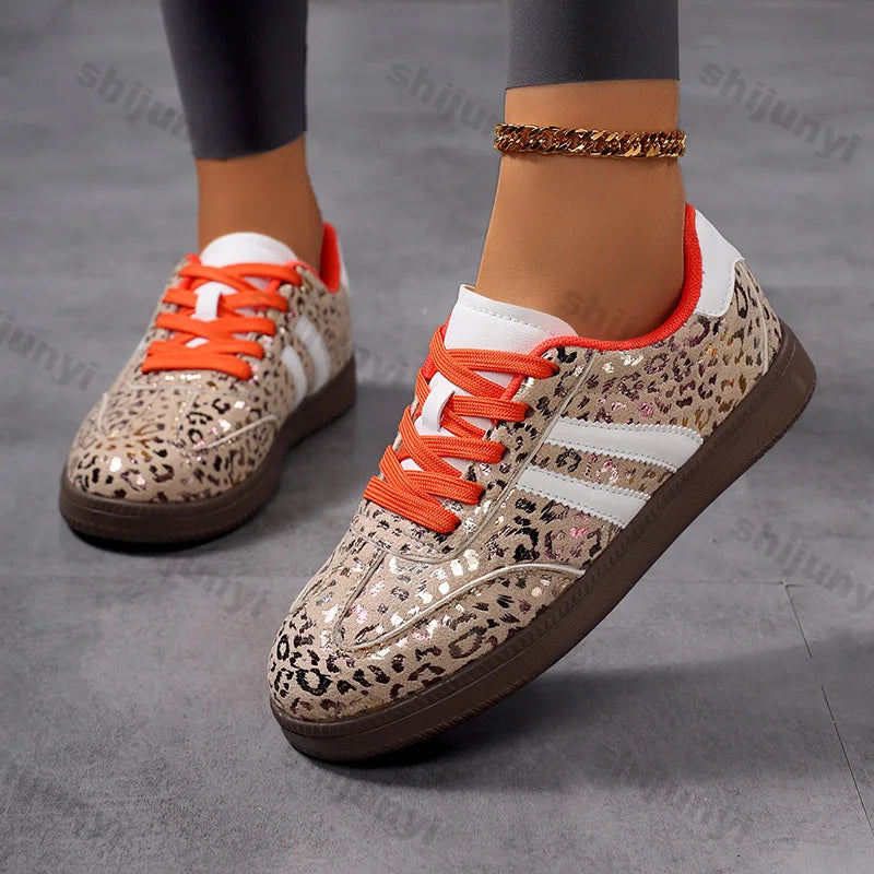 Sneakers Women 2025 New Fashion Outdoor Lace-up Leopard Casual Shoes Female Lightweight Comfortable Non Slip Flat Shoes