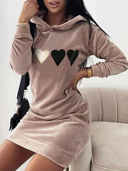 Women Long Sweater Dresses LOVE Print Hooded Loose High Collar Sweatshirts Long Sleeve Pullover Fall Winter Y2K Street Style Top