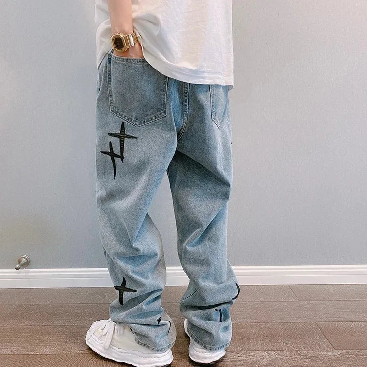 Boyfriend Vintage Fashion Straight Casual Loose Denim Cargo Pants Men Designer Prints Star Jeans Streetwear Loose Wide Leg Jeans
