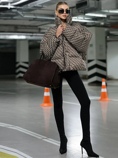 Oversized Printed Stand Collar Zipper Padded Jacket Women Elegant Long Sleeve Loose Autumn Winter Coats Fashion Ladies Outerwear