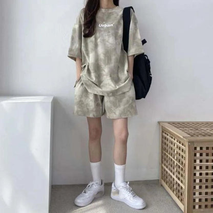 Streetwear Letter Two-piece Tracksuit Tie-dye Thin Short Sleeve T-shirt Shorts Ins Sports Summer Loose Suit Running