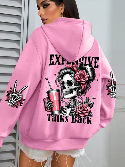 Expensive Talks Back Funny Printing Womens Hoodie Loose Multicolor Pullovers Fleece Autumn Sportswear Casual Pocket Hoody