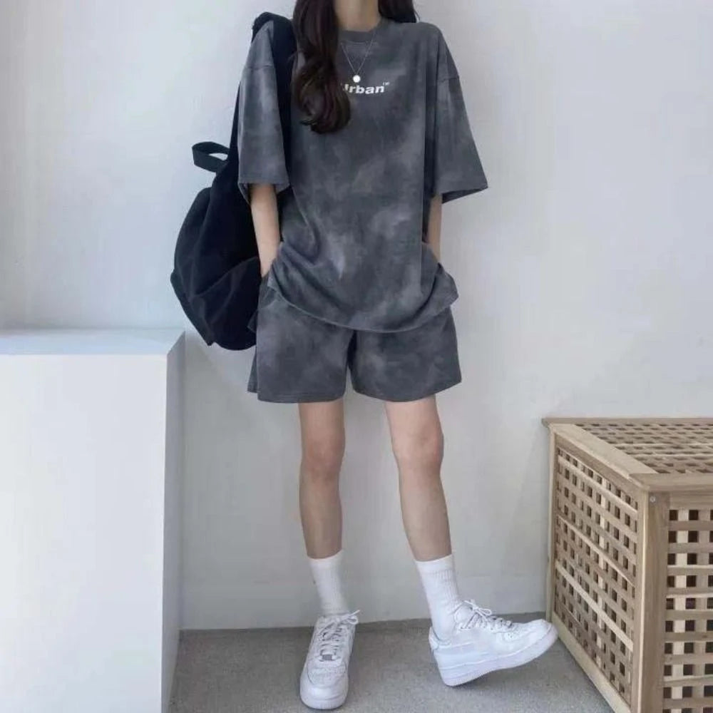 Streetwear Letter Two-piece Tracksuit Tie-dye Thin Short Sleeve T-shirt Shorts Ins Sports Summer Loose Suit Running