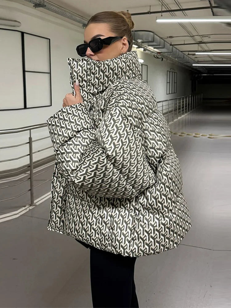 Oversized Printed Stand Collar Zipper Padded Jacket Women Elegant Long Sleeve Loose Autumn Winter Coats Fashion Ladies Outerwear