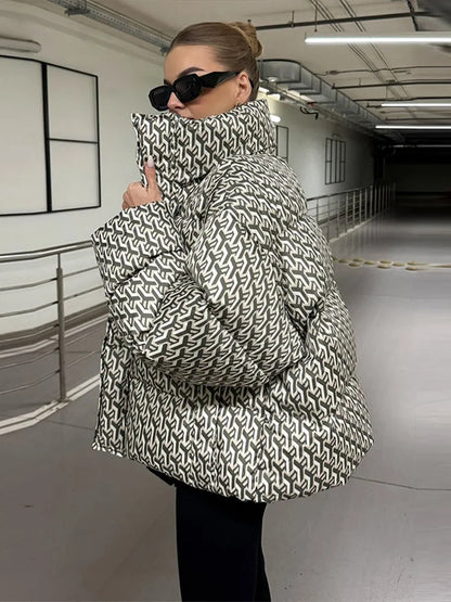 Oversized Printed Stand Collar Zipper Padded Jacket Women Elegant Long Sleeve Loose Autumn Winter Coats Fashion Ladies Outerwear