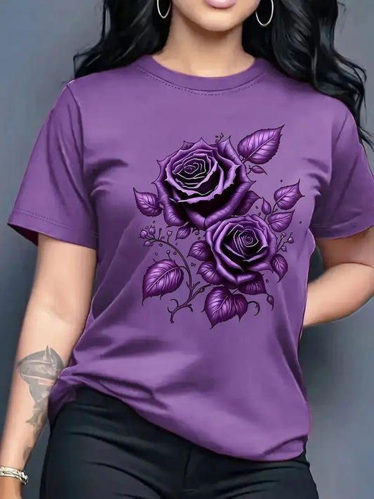 Women's Hot Selling Casual Round Neck Top, 3D Rose Pattern Short Sleeved T-shirt Elegant, Fast Breathable Outdoor Sports Shirt