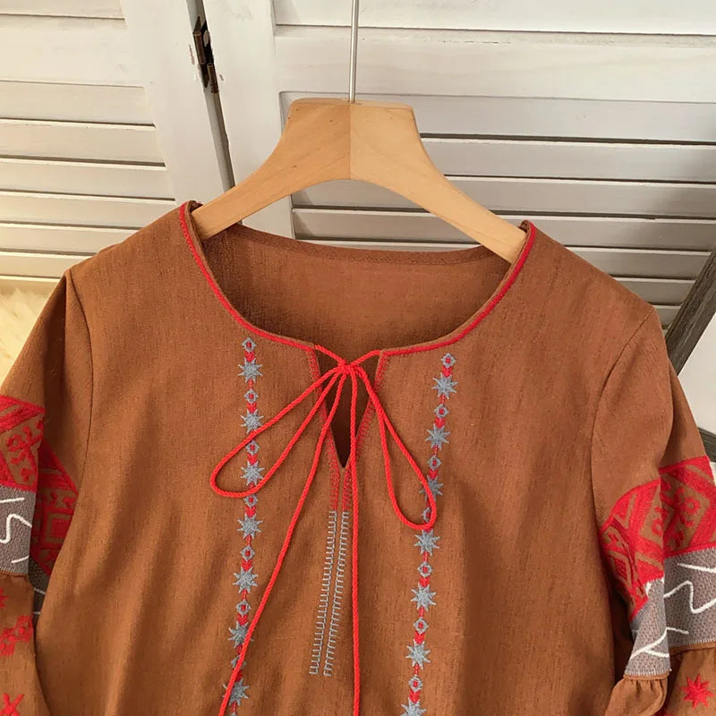 New Women's Bohemia Blouse Embroidered Autumn Spring O-neck Collar Bow Tie Lantern Sleeve Top Blusas Mujer Female Tops BL021