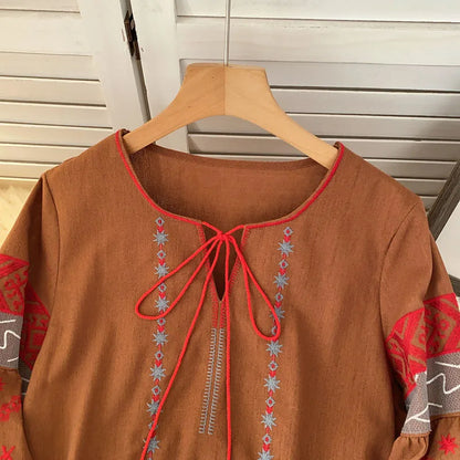 New Women's Bohemia Blouse Embroidered Autumn Spring O-neck Collar Bow Tie Lantern Sleeve Top Blusas Mujer Female Tops BL021