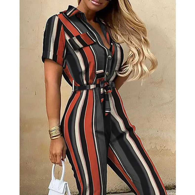 Summer Women's New Fashion Flip Collar Button Print Belt Lace Up Work Dress Casual Capris Jumpsuit Office
