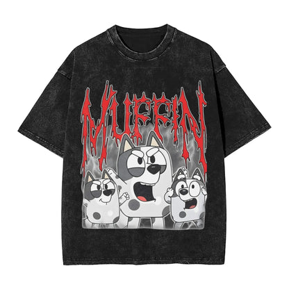 Cute Rock Muffin Graphic T Shirts Hip Hop Fashion Washed T-Shirts Short Sleeve Tee Shirt for Men Women Cotton Summer Clothing