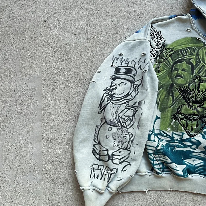 Y2K Fashion Retro Hoodie Oversized Abstract Graphic Printing Casual Distressed Zip Up Hoodie Men Women Hip Hop Trend Streetwear