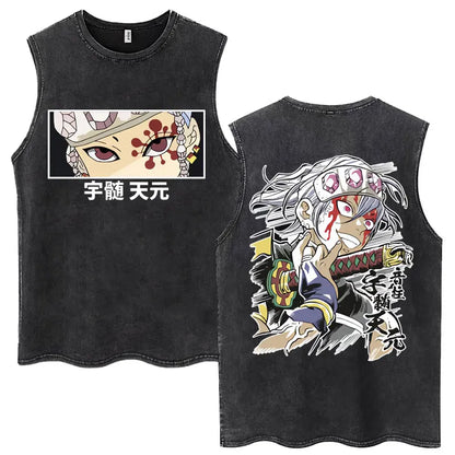 Japan Anime Demon Slayer Washed Tank Tops Hashibira Inosuke The Boar Face Manga T Shirt Men Women Loose Cotton Sleeveless Tshirt
