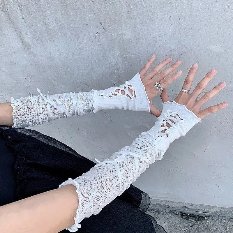 Lolita Ballet Strap Lace Gloves Y2K Fingerless Gothic Sunscreen Sleeve Women Lolita Clothing Accessories Mesh Anime Punk Gloves