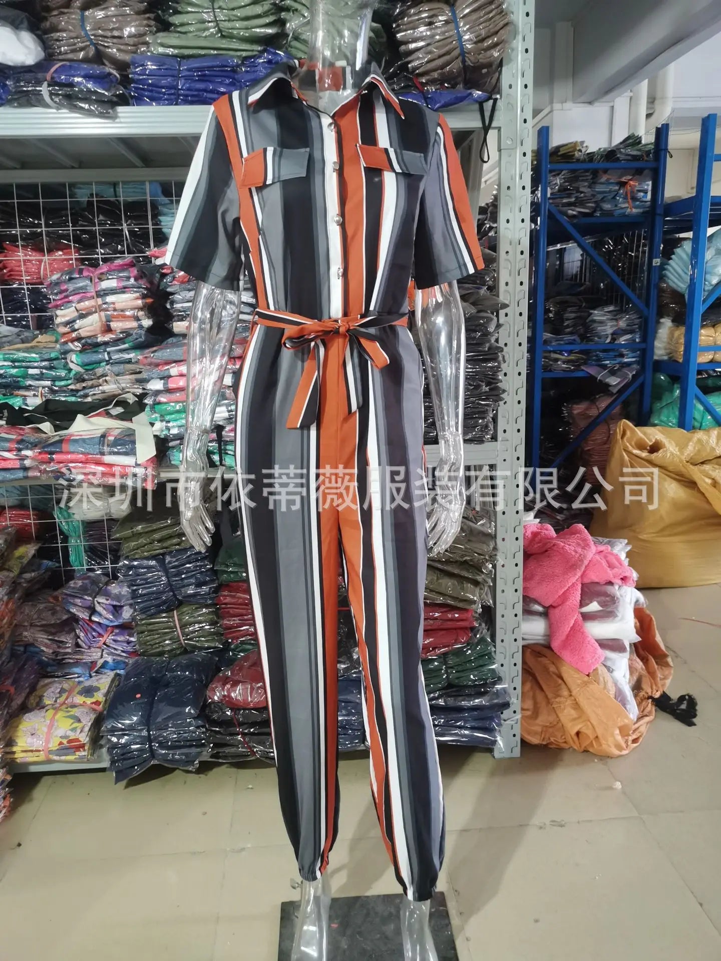 Summer Women's New Fashion Flip Collar Button Print Belt Lace Up Work Dress Casual Capris Jumpsuit Office