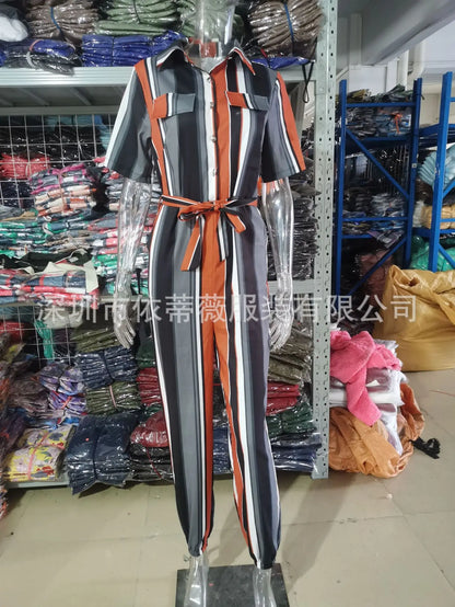 Summer Women's New Fashion Flip Collar Button Print Belt Lace Up Work Dress Casual Capris Jumpsuit Office