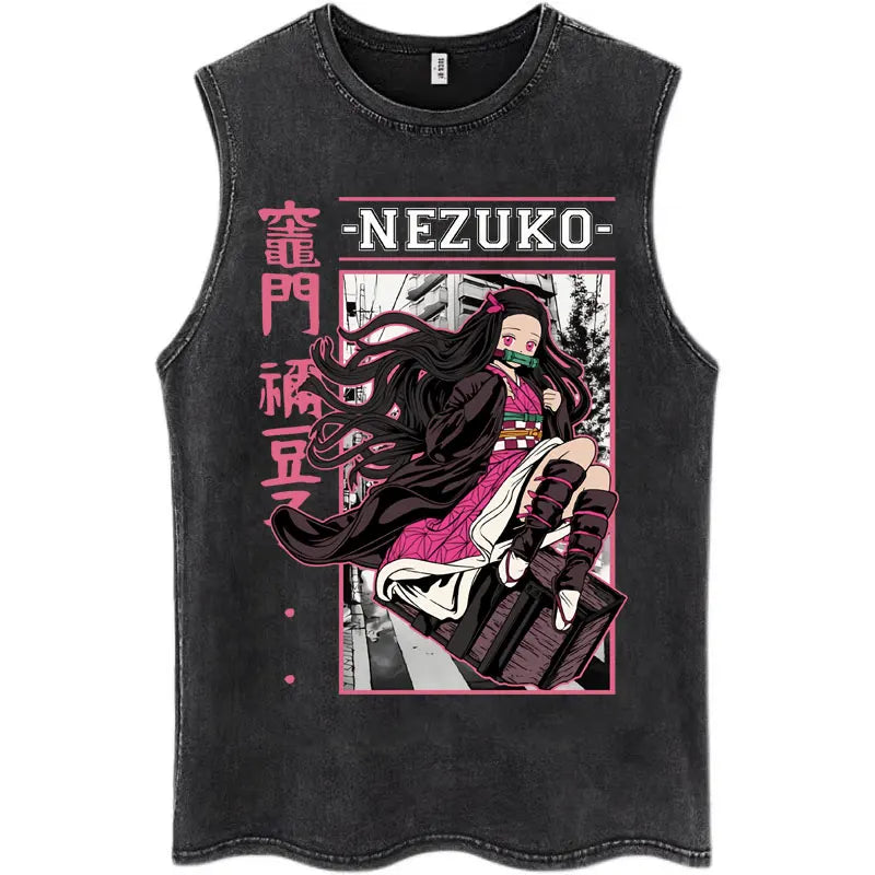 Japan Anime Demon Slayer Washed Tank Tops Hashibira Inosuke The Boar Face Manga T Shirt Men Women Loose Cotton Sleeveless Tshirt