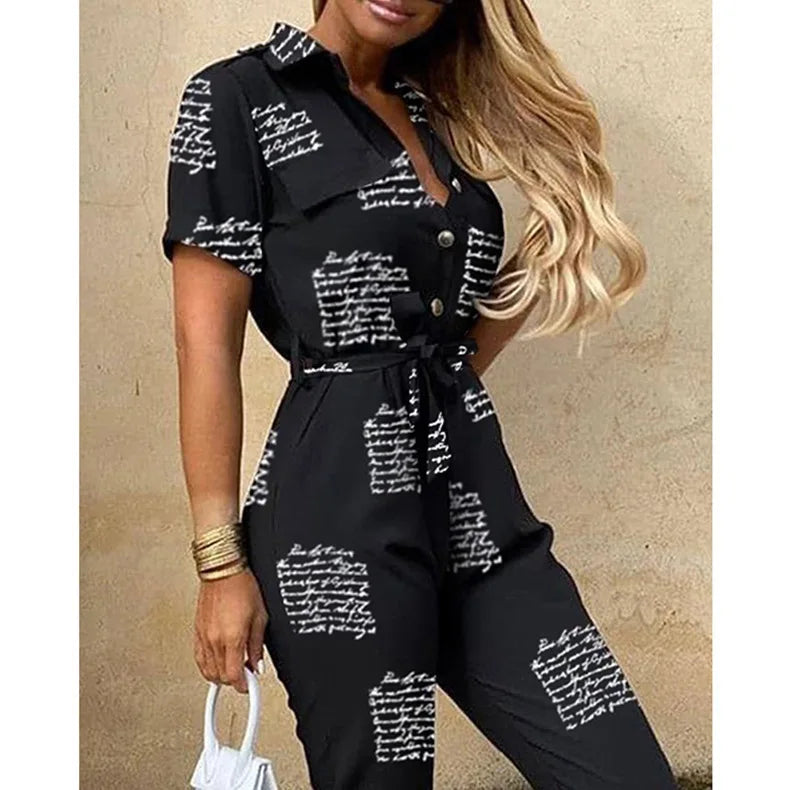 Summer Women's New Fashion Flip Collar Button Print Belt Lace Up Work Dress Casual Capris Jumpsuit Office