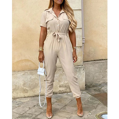 Summer Women's New Fashion Flip Collar Button Print Belt Lace Up Work Dress Casual Capris Jumpsuit Office