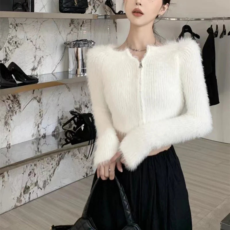 Y2K Knitted Plush Short Cardigan Sweaters Women 2025 Autumn Winter New Zipper Cardigan Female Vintage Trend Sexy Crop Tops