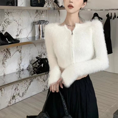 Y2K Knitted Plush Short Cardigan Sweaters Women 2025 Autumn Winter New Zipper Cardigan Female Vintage Trend Sexy Crop Tops