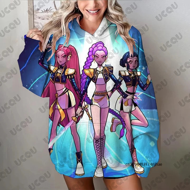 Autumn Fashion Kawaii KPop Demon Hunters Print Hoodies For Women Long Sleeve Sweatshirts Casual Pullover Oversized Y2K Tops