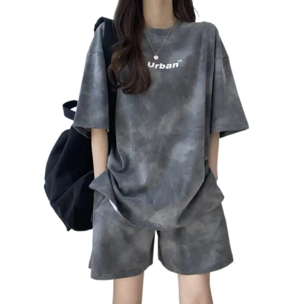 Streetwear Letter Two-piece Tracksuit Tie-dye Thin Short Sleeve T-shirt Shorts Ins Sports Summer Loose Suit Running