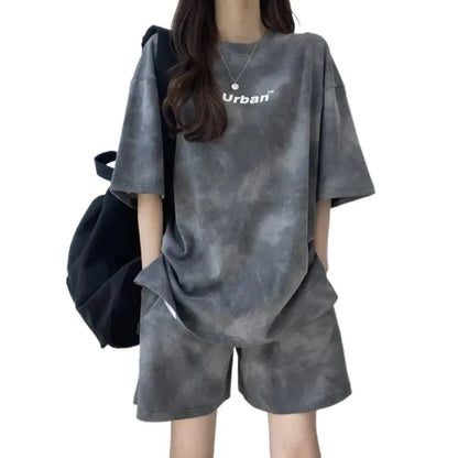 Streetwear Letter Two-piece Tracksuit Tie-dye Thin Short Sleeve T-shirt Shorts Ins Sports Summer Loose Suit Running