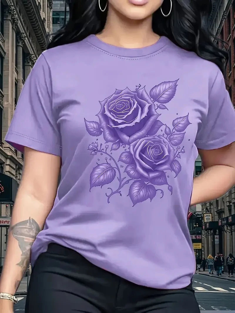 Women's Hot Selling Casual Round Neck Top, 3D Rose Pattern Short Sleeved T-shirt Elegant, Fast Breathable Outdoor Sports Shirt