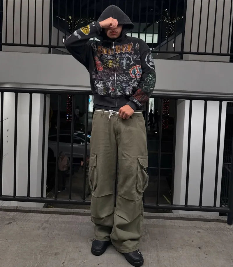 Y2k American Fashion Personality Versatile Anime Printed Zipper Hoodie Men Vintage Goth Dark Style Oversized Sweatshirt Women