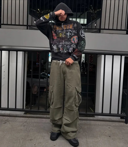 Y2k American Fashion Personality Versatile Anime Printed Zipper Hoodie Men Vintage Goth Dark Style Oversized Sweatshirt Women