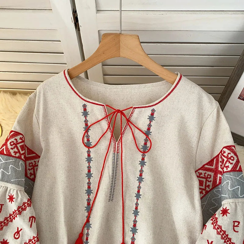 New Women's Bohemia Blouse Embroidered Autumn Spring O-neck Collar Bow Tie Lantern Sleeve Top Blusas Mujer Female Tops BL021