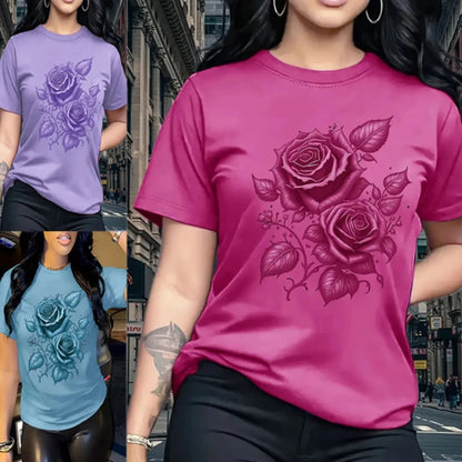 Women's Hot Selling Casual Round Neck Top, 3D Rose Pattern Short Sleeved T-shirt Elegant, Fast Breathable Outdoor Sports Shirt
