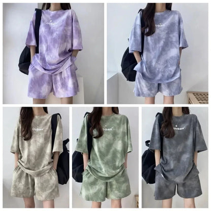 Streetwear Letter Two-piece Tracksuit Tie-dye Thin Short Sleeve T-shirt Shorts Ins Sports Summer Loose Suit Running