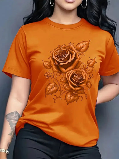Women's Hot Selling Casual Round Neck Top, 3D Rose Pattern Short Sleeved T-shirt Elegant, Fast Breathable Outdoor Sports Shirt
